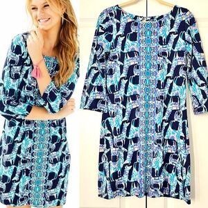 Lilly Pulitzer Bay Dress Women’s Small Alpaca My Bags Blue Pink 3/4 Sleeve Shift